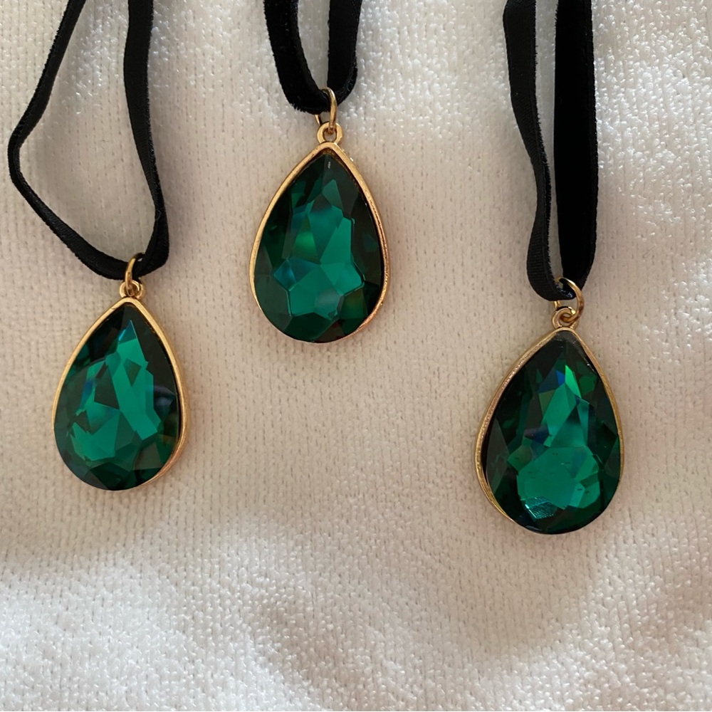 1-Gold Framed Green Emerald alike glass Pendant and suede Necklace